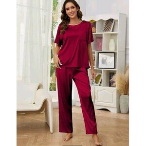Women's Silk Satin Pajamas Set Short Sleeves Sleepwear Loungewear PJS - Medium